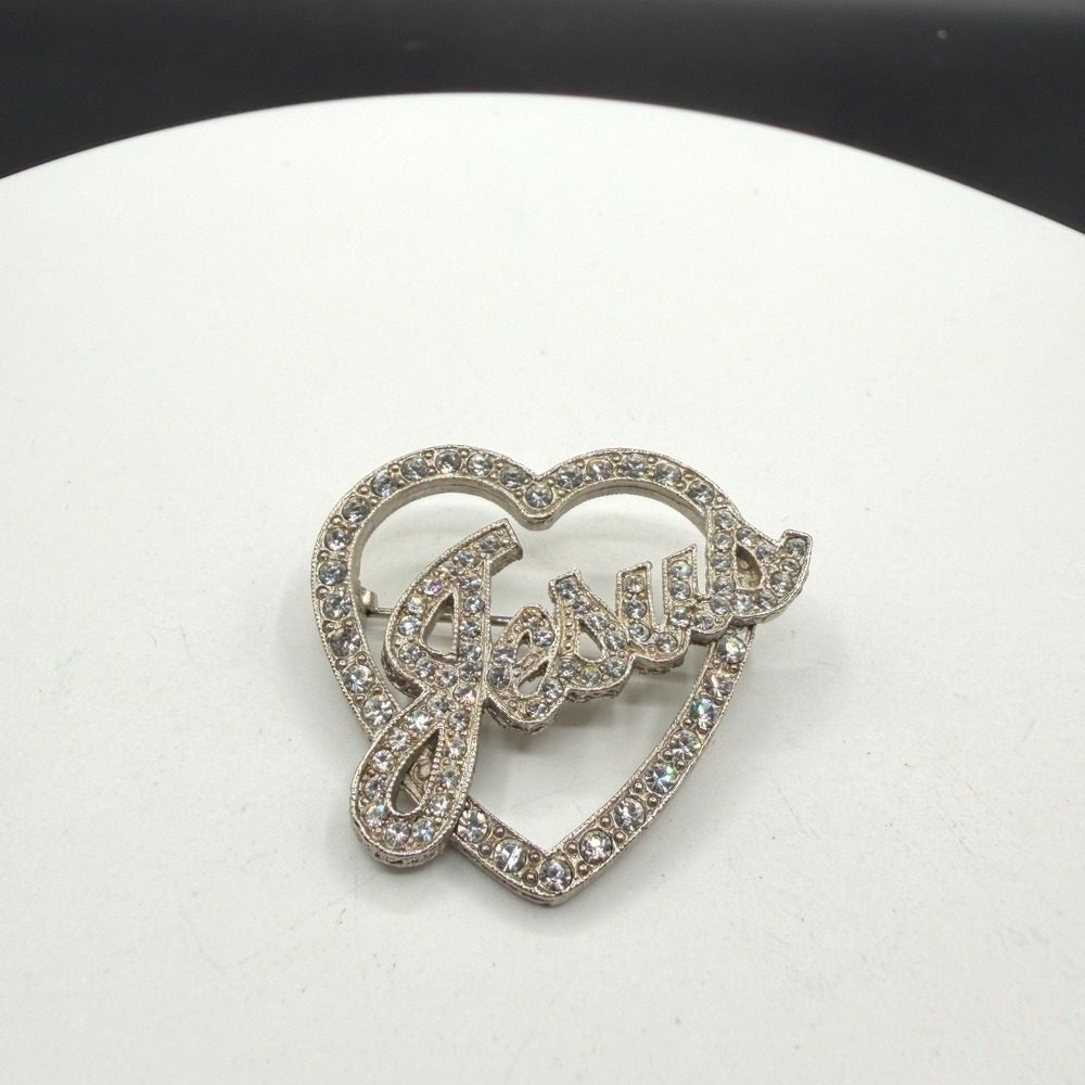 Jesus Rhinestone Heart Brooch Silver Tone Christian Faith Statement Gift Pin